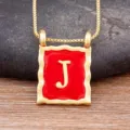 Gold plated vintage red enamel square letter J pendant necklace, chic minimalist clavicle chain. - Letter J