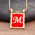 Gold 18K Plated Red Enamel Square Letter M Pendant Necklace Drip Oil Clavicle Chain - M