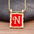 Gold-plated square letter N necklace with red enamel pendant, vintage minimalist clavicle chain. - Letter N
