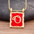 Gold plated square letter pendant necklace, red enamel vintage design, chic clavicle chain for women. - Letter O