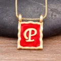Gold plated retro square letter P pendant necklace with red enamel and delicate box chain. - Letter P