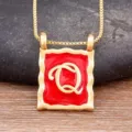 18K Gold Plated Red Enamel Square Letter Q Pendant Necklace Vintage Clavicle Chain - Letter Q