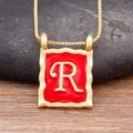 Gold plated necklace with red enamel square pendant featuring letter R for women fashion chic - Letter R