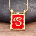 Gold plated letter S square pendant necklace, vintage red enamel clavicle chain jewelry. - S