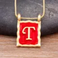 Retro 18K gold plated square letter T pendant necklace, elegant red enamel chain. - Letter T