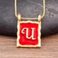 Gold plated square letter U pendant necklace, red enamel initial charm clavicle chain. - Letter U