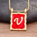 Gold plated 18k vintage square red enamel letter v pendant necklace for women charm jewelry - Letter V