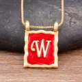 Gold Plated Letter W Pendant Necklace Featuring Red Enamel Square Choker Jewelry Gift - Letter W