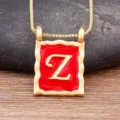 Gold plated vintage square letter Z necklace with red enamel, chic niche design clavicle chain. - Letter Z