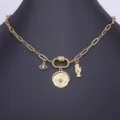 Collana con catena grossa e ciondolo malocchio mano di Hamsa placcato oro 18K da donna - Collana Multi-Ciondolo Mano di Fatima Stella Luna (N572)