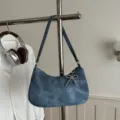 Denim blue shoulder bag variant with beaded bow pendant for summer commuting style. - With Pendant / Blue