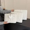 White quilted laptop sleeve set, portable tablet bag with cute plush heart pendant, multiple sizes. - L / White