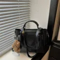 Black retro PU leather bucket shoulder bag variant with cute plush bear charm for women. - With Pendant / Black