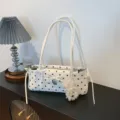 White polka dot underarm bag with cute fluffy dog charm, stylish minimalist commuter shoulder bag. - With Pendant / Off White