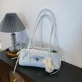 Light blue polka dot underarm shoulder bag with cute bunny pendant and bow design for women. - With Pendant / Blue