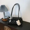 Black and white polka dot underarm shoulder bag with cute plush rabbit pendant and lace bow. - Black