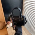 Black patent leather barrel handbag with cute dog pendant, vintage retro style crossbody bag. - With Pendant / Black