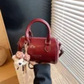 Retro dark red patent leather barrel bag, fashionable retro pillow shoulder bag with cute bear. - With Pendant / Red