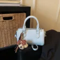Light blue pu leather boston handbag with cute bear pendant, stylish cylinder shoulder bag. - With Pendant / Blue