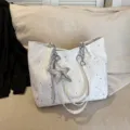 White star print tote bag with silver chain strap and star pendant, large capacity bag. - With Pendant / White