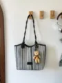 Black and white straw tote bag, large capacity woven shoulder bag for summer beach vacation details. - Style 1 (Black and White Stripes) / With Pendant / Black