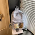 Cute light blue polka dot backpack with clear front pocket and plush toys for daily school. - With Pendant / Blue