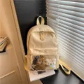 Yellow polka dot casual women backpack with clear front pocket and cute plush toys. - With Pendant / Yellow