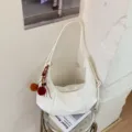 Women white pleated shoulder hobo bag, casual slouchy dumpling handbag for daily commuting. - With Pendant / White