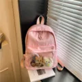 Pink polka dot backpack with clear front pocket cute plush pendants casual school bag - Pink