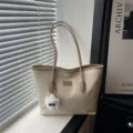 Chic Woven Tote Bag Casual Shoulder Bag Minimalist Daily Handbag Beige Variant Style New - With Pendant / White