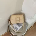 Beige canvas shoulder bag with gold buckle small square crossbody bag for women chic style - With Pendant / White