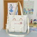 Süße weiße Segeltuch-Tragetasche mit Katzenohren-Design, vielseitige Umhängetasche für den Alltag. - Einzelne Tasche / Weiß