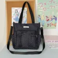 Dunkelblaue Pünktchen Segeltuchtasche mit niedlichen Schleifentaschen, Schulter- und Umhängetasche. - Nur Tasche (Kein Anhänger) / Schwarz