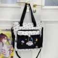 Süße Sternenmuster Canvas Tragetasche mit Vordertasche und Schultergurt für den Alltag. - Einzelne Tasche / Schwarz
