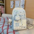 Korean style polka dot school backpack for women, cute large capacity college book bag with pouch. - Charm / Blue