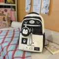 Korean ins black white polka dot school backpack with cute cat purse and large capacity. - No Pendant / Black