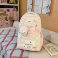Korean style pink polka dot backpack set with cute cartoon patches and coin purse for students. - No Pendant / Pink