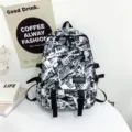 Mens fashion graffiti backpack black and white newspaper print casual school bookbag - Bag Only (No Charm) / Black