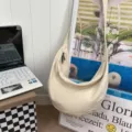Borsa a tracolla in tela beige casual, borsa a spalla monocolore versatile per uso quotidiano. - Bianco