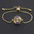 Gold Plated Colorful Baguette Zircon Letter B Pendant Adjustable Bracelet for Women - Letter B