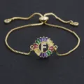 Gold Plated Colorful Zircon Letter F Slider Bracelet For Women Sparkling Crystal Initial Charm - Letter F