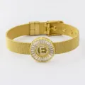 Gold-plated mesh strap bracelet featuring a stunning micro-paved cubic zirconia letter E pendant. - Letter E Style