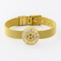 Gold mesh strap bracelet featuring a dazzling zircon round centerpiece with letter H motif. - Letter H Style