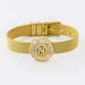 Adjustable copper 18k gold plated mesh watch strap bracelet with letter N crystal zircon pendant. - Letter N Style