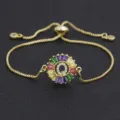 Gold plated 18K rainbow baguette crystal letter Q charm adjustable slider bracelet for women gift. - Letter Q