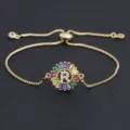 Gold-plated initial letter R bracelet with colorful baguette cubic zirconia stones adjustable - Letter R