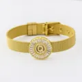 Gold plated mesh strap bracelet with shimmering zircon pave alphabet letter charm pendant adjustable. - Letter Q Style