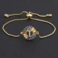 Colorful Zircon Letter T Slider Bracelet 18k Gold Plated Copper Jewelry Women Adjustable - Letter T