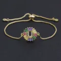 Gold Plated Colorful Zircon Letter U Charm Adjustable Chain Bracelet Variant Option A - Letter U