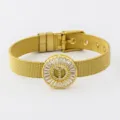 Gold plated mesh strap initial T bracelet with sparkling zircon pave circular charm design. - Letter T Style